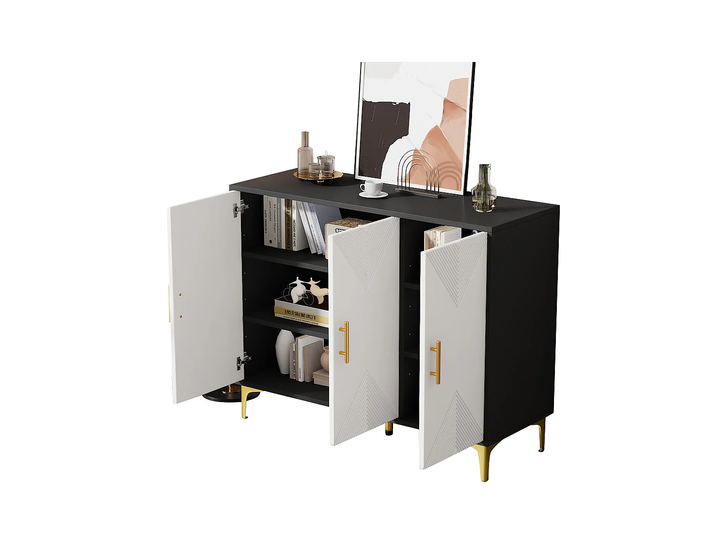 Aparador em MDF preto e branco 120 cm com arrumação ajustável para sala de estar, quarto ou escritório moderno