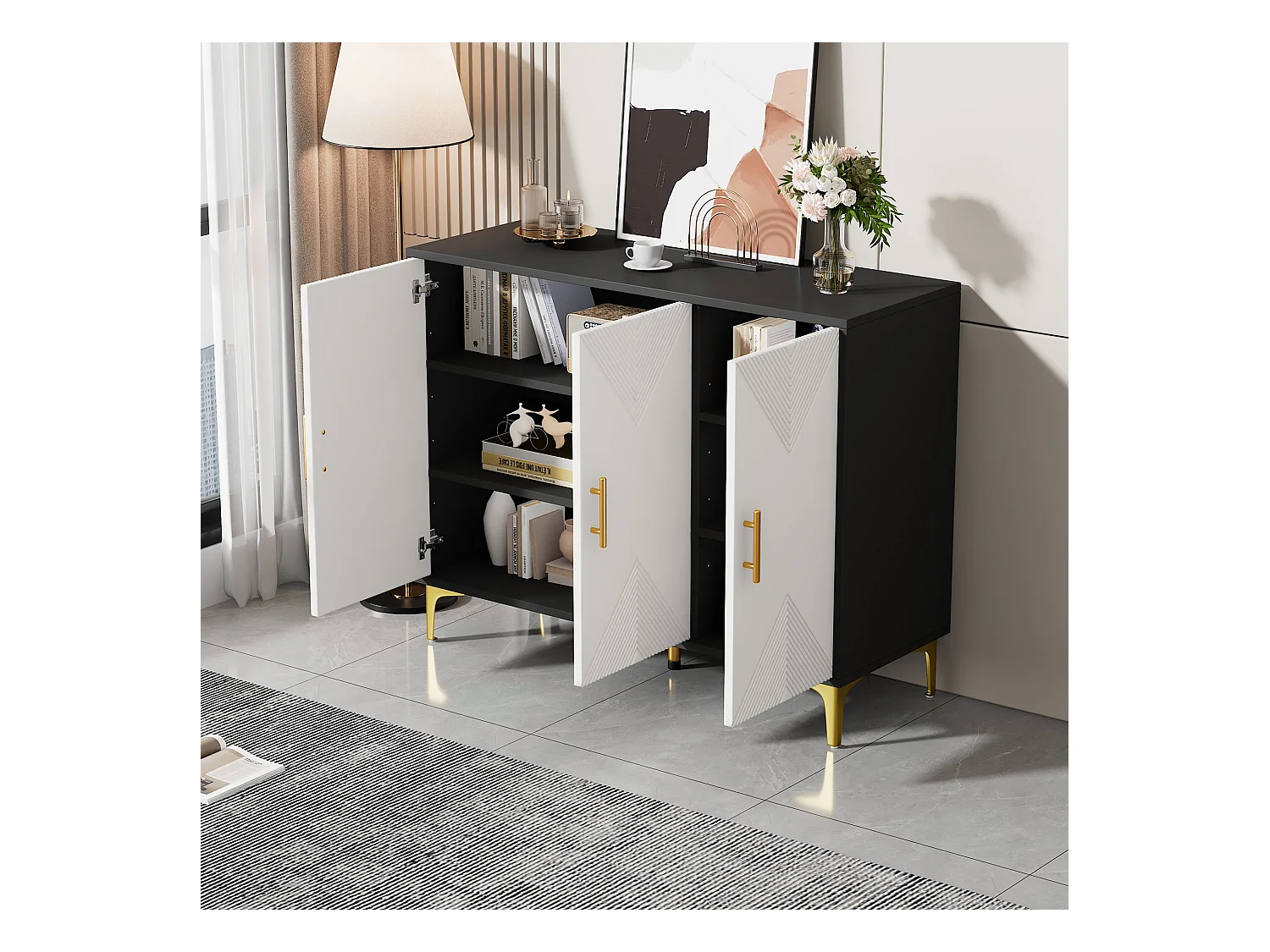 Aparador em MDF preto e branco 120 cm com arrumação ajustável para sala de estar, quarto ou escritório moderno