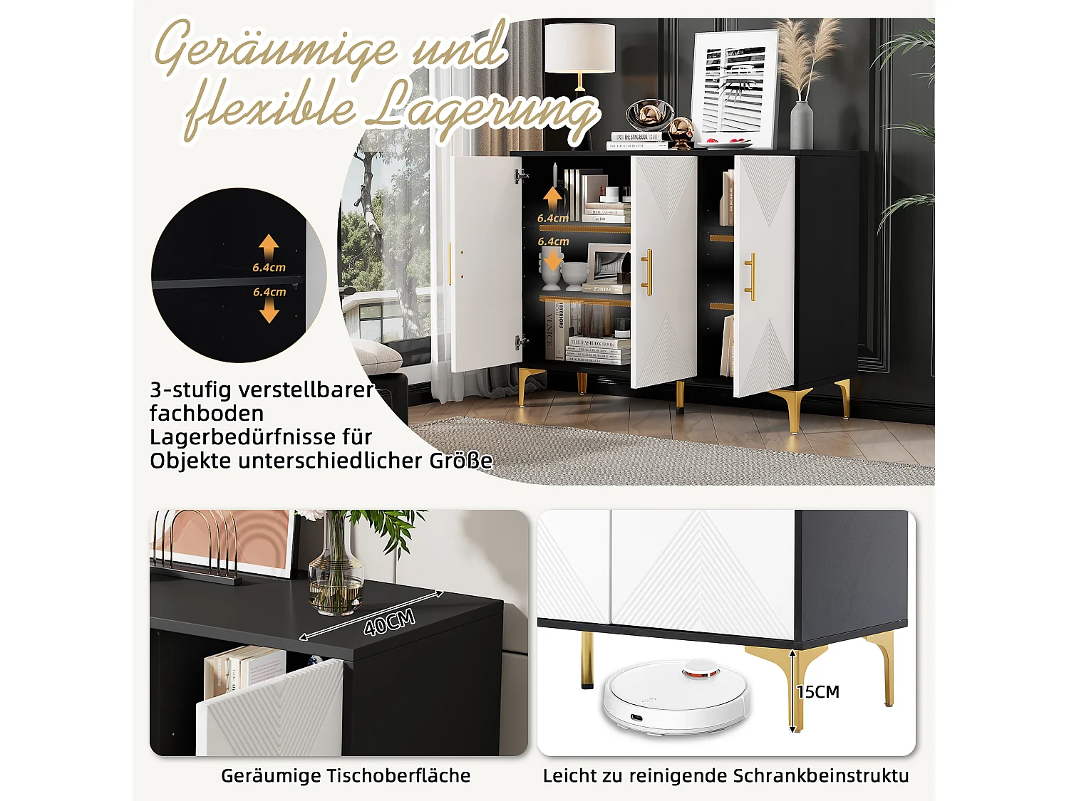 Aparador em MDF preto e branco 120 cm com arrumação ajustável para sala de estar, quarto ou escritório moderno