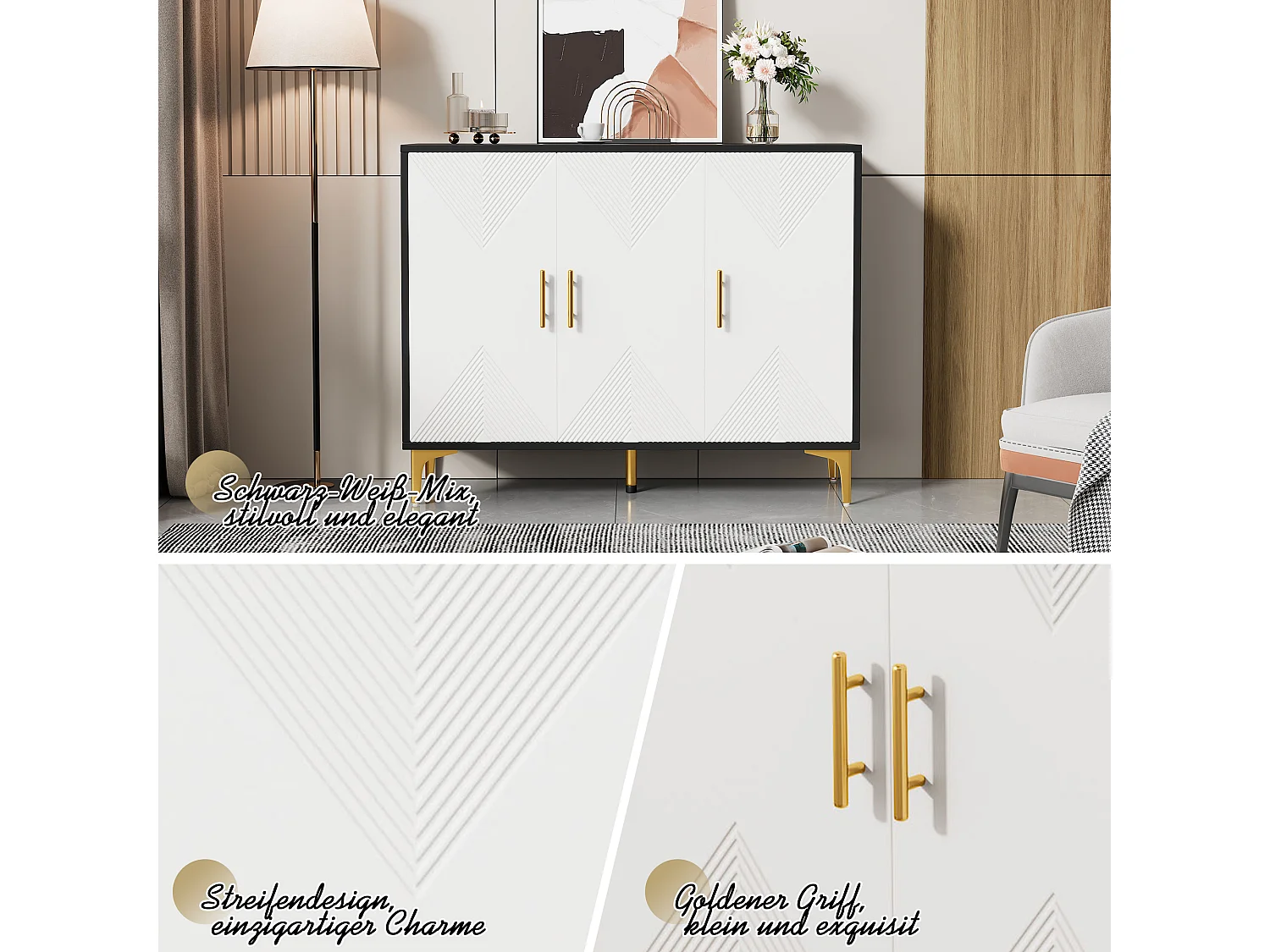 Aparador em MDF preto e branco 120 cm com arrumação ajustável para sala de estar, quarto ou escritório moderno