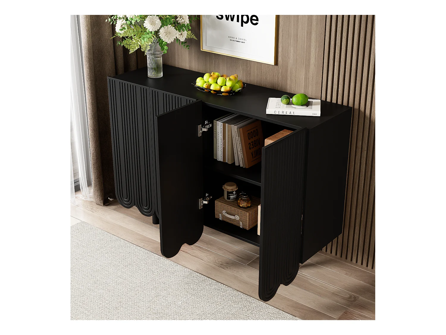 Aparador em MDF preto esculpido 120x80 cm, móvel de arrumação, 4 portas, sala de estar estilo moderno