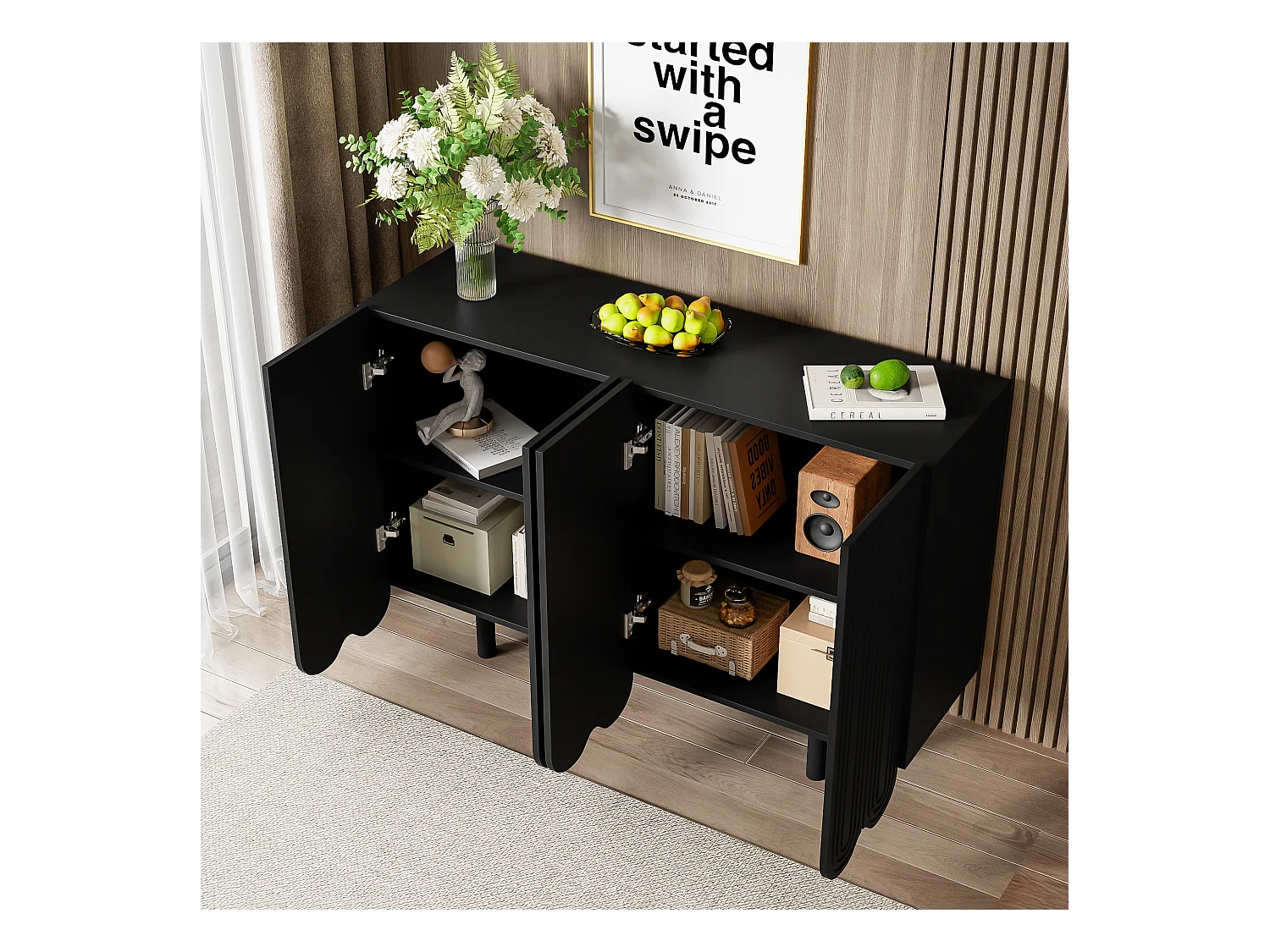 Aparador em MDF preto esculpido 120x80 cm, móvel de arrumação, 4 portas, sala de estar estilo moderno