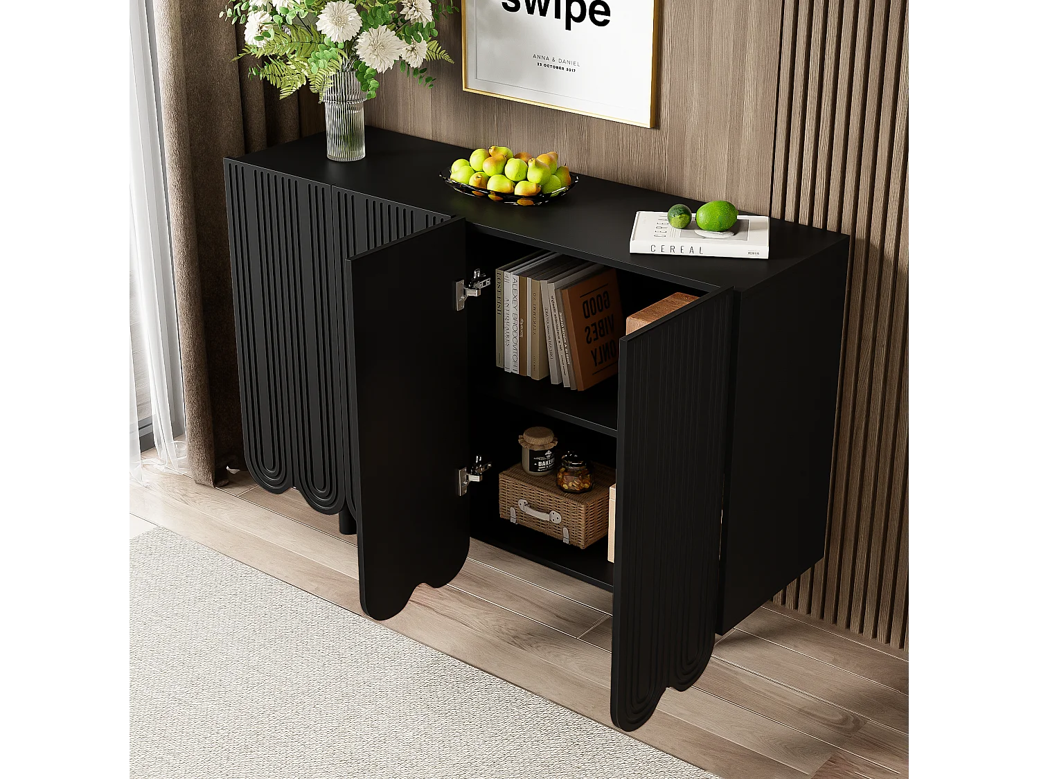 Buffet noir MDF scolpito 120x80 cm mobile di gamma 4 porte in stile salone moderno