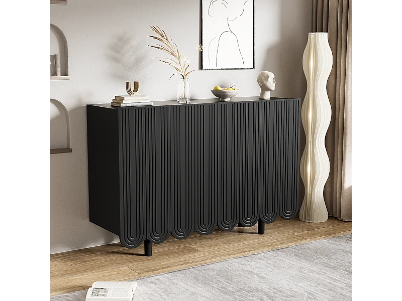 Aparador de MDF tallado negro 120x80 cm mueble de almacenaje 4 puertas estilo moderno salón