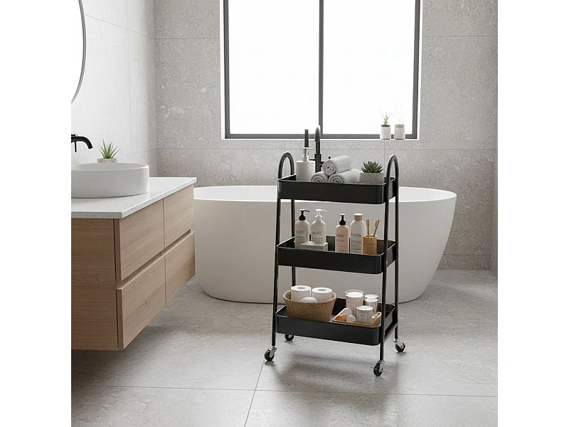 Carrito auxiliar 3 niveles con ruedas + asas negro 79,5x31,5x44 cm