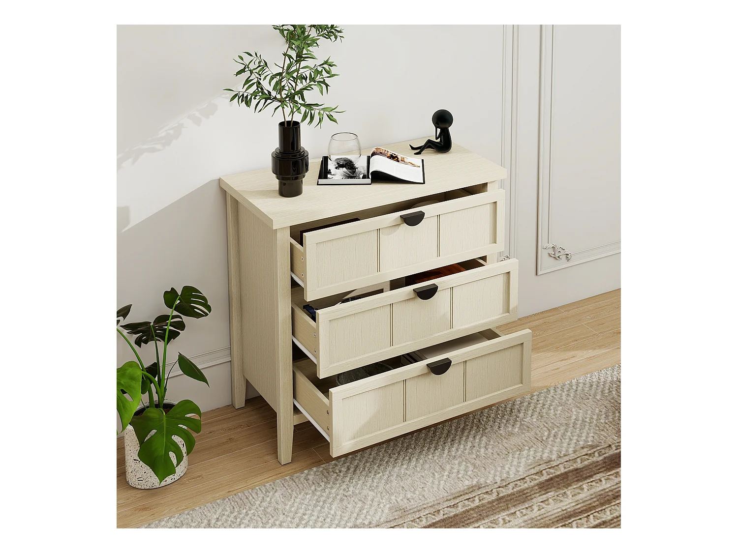 Cômoda 3 gavetas madeira natural armazenamento escritório sala quarto 80x40x80 cm design moderno