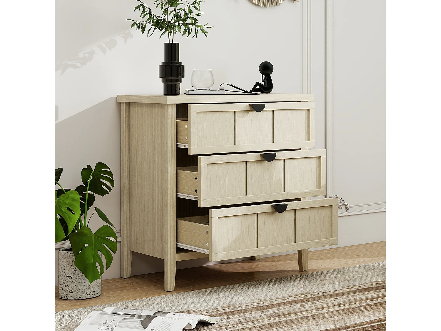 Cômoda 3 gavetas madeira natural armazenamento escritório sala quarto 80x40x80 cm design moderno