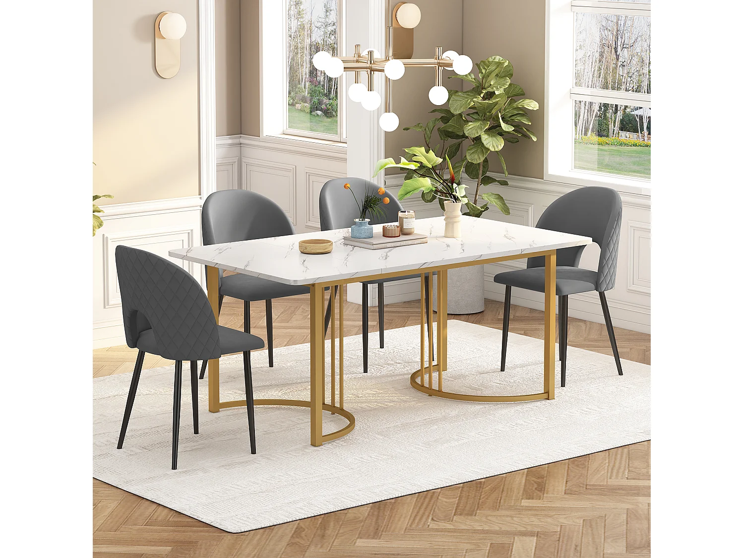 Conjunto de jantar de 5 peças, mesa de MDF 140×80 cm + 4 cadeiras de veludo cinza, pés de metal dourado