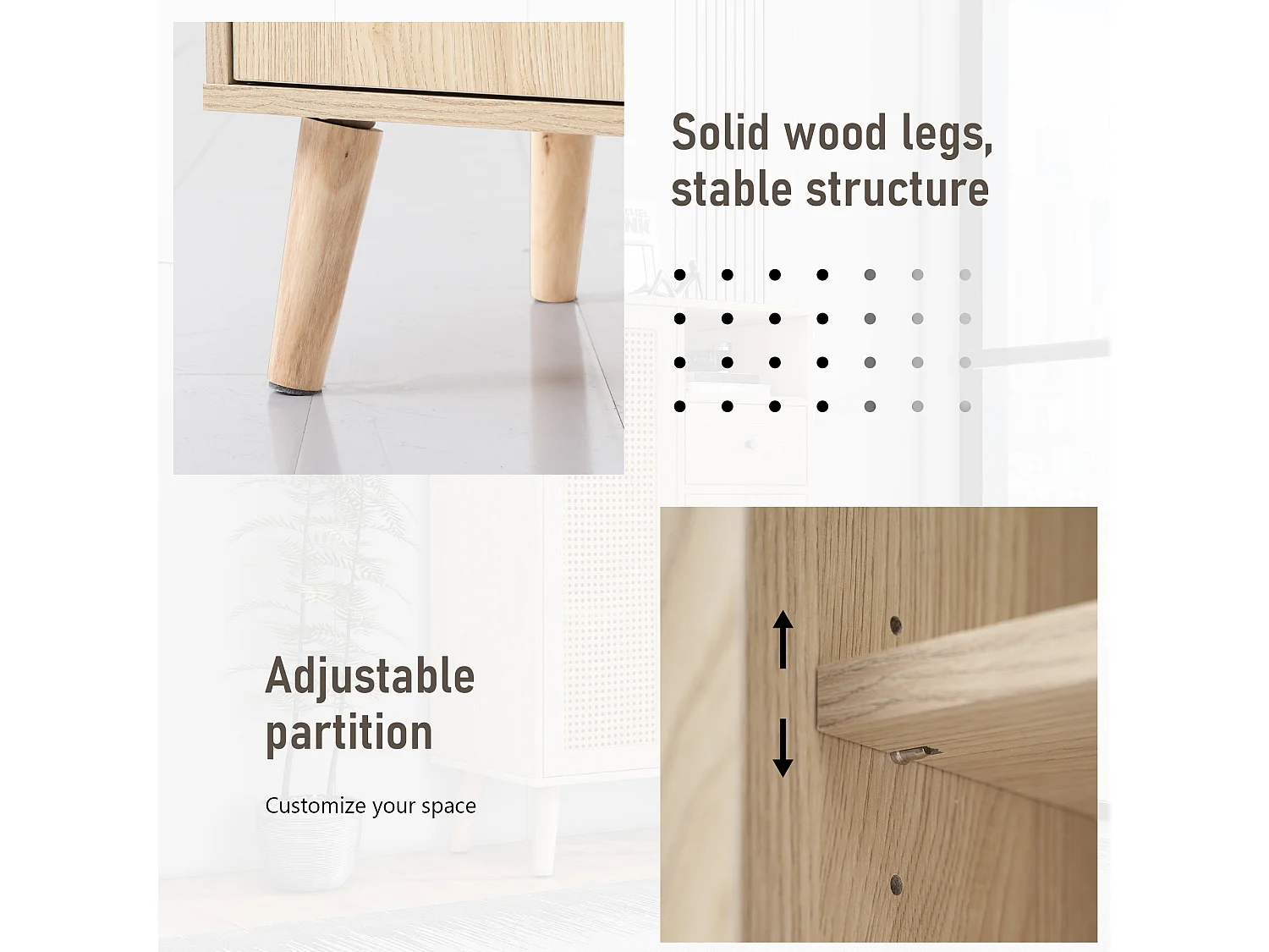 Aparador imitación madera roble con ratán 2 puertas 1 cajón almacenaje salón 60x40x101cm