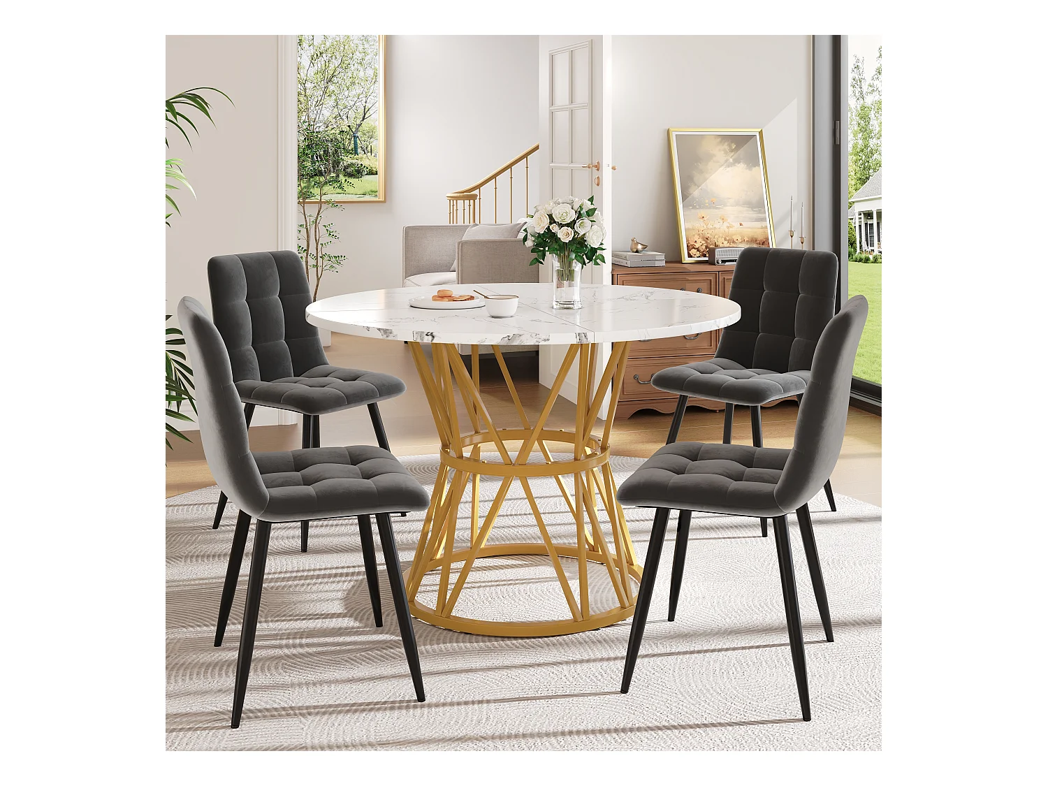 Conjunto de comedor de 5 piezas, mesa redonda de 100 cm, mármol MDF, patas de metal, sillas de terciopelo gris