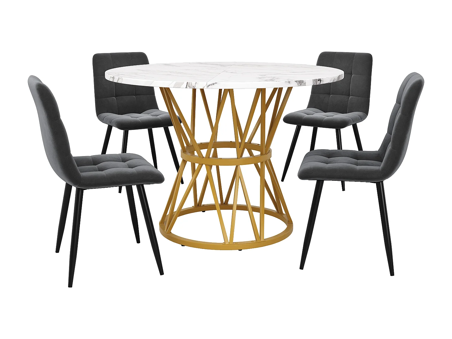Conjunto de comedor de 5 piezas, mesa redonda de 100 cm, mármol MDF, patas de metal, sillas de terciopelo gris