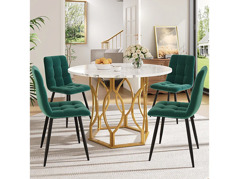 Conjunto de jantar de 5 peças, mesa redonda de 100 cm, MDF branco, pernas de metal dourado, cadeiras de veludo verde