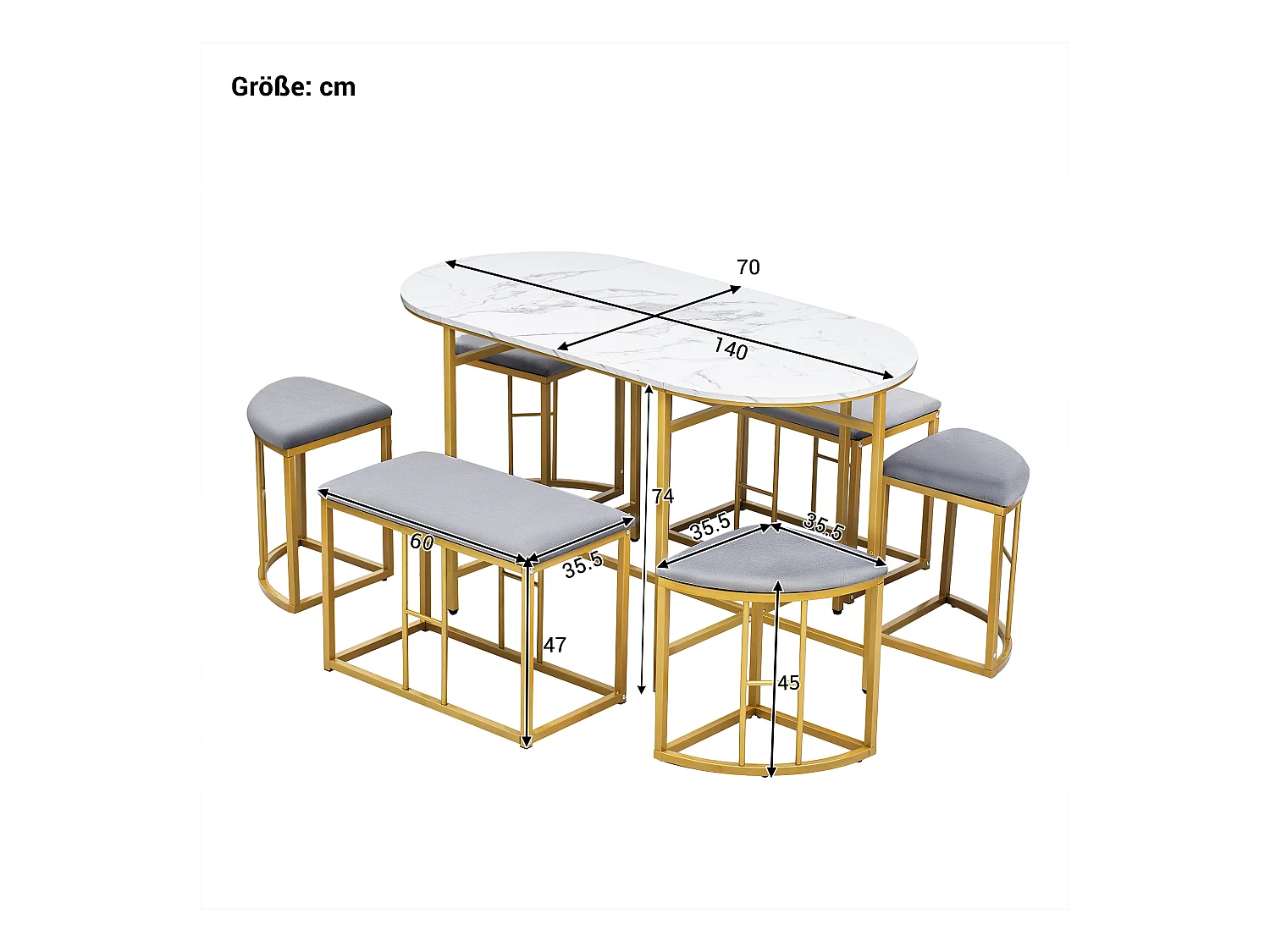 Conjunto de mesa 6 peças 140×70 cm MDF branco + 4 banquetas pequenas + 2 banquetas grandes metal dourado