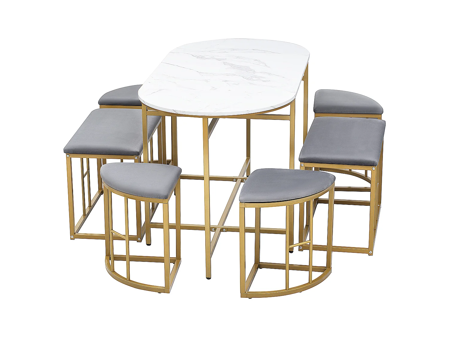 Conjunto de mesa 6 peças 140×70 cm MDF branco + 4 banquetas pequenas + 2 banquetas grandes metal dourado