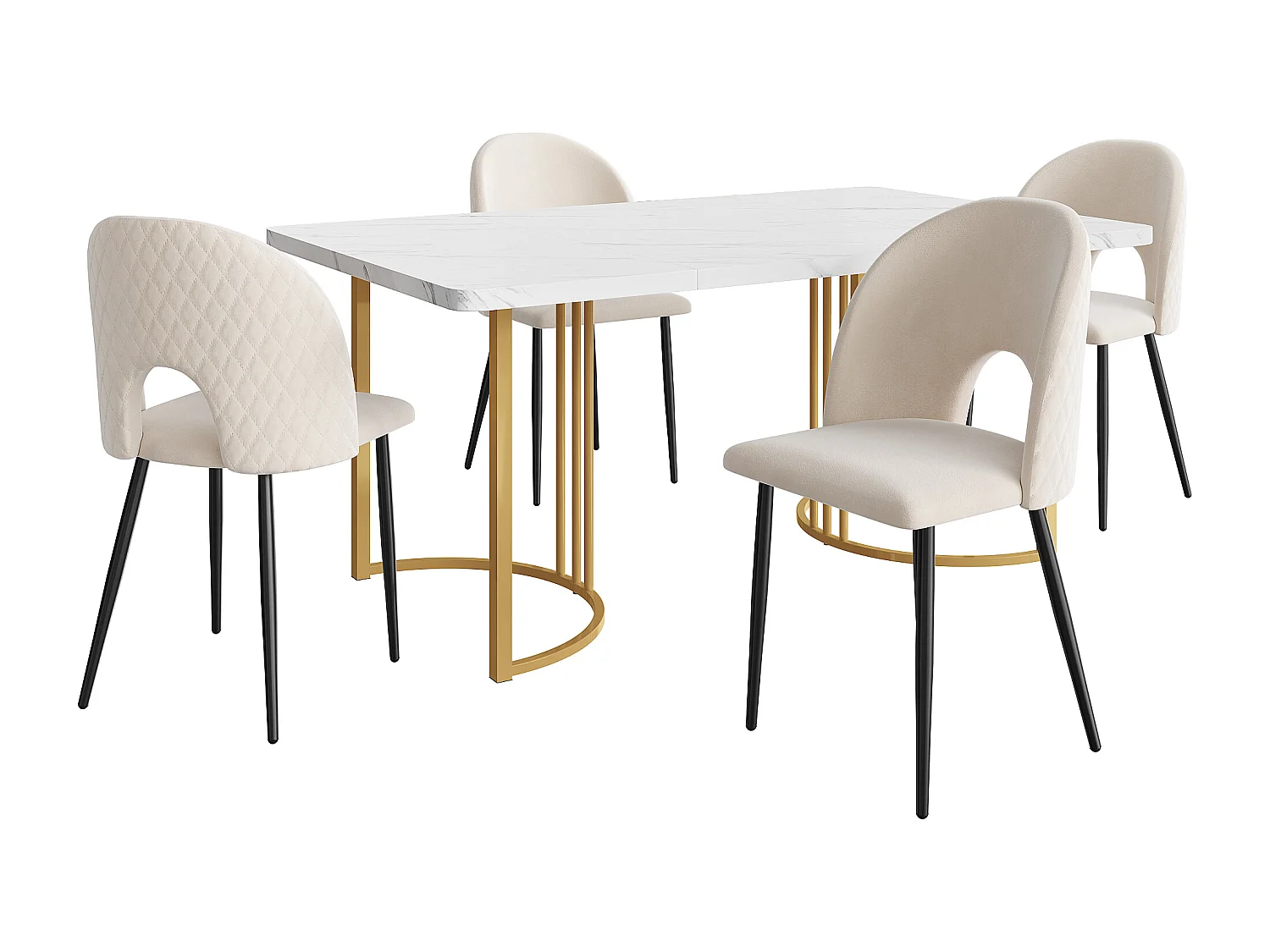 Conjunto de jantar de 5 peças, mesa MDF 140×80 cm + 4 cadeiras de veludo bege, pernas de metal dourado