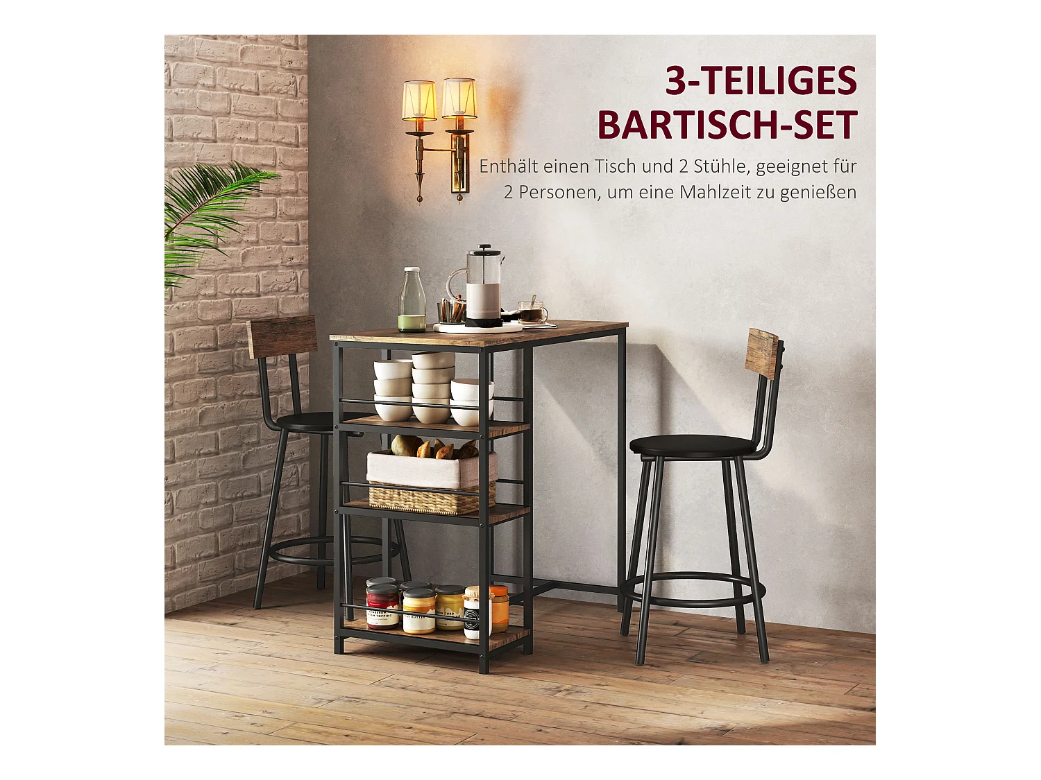 Conjunto de bar de 3 peças com mesa de metal MDF e 2 bancos para cozinha e sala de estar em carvalho