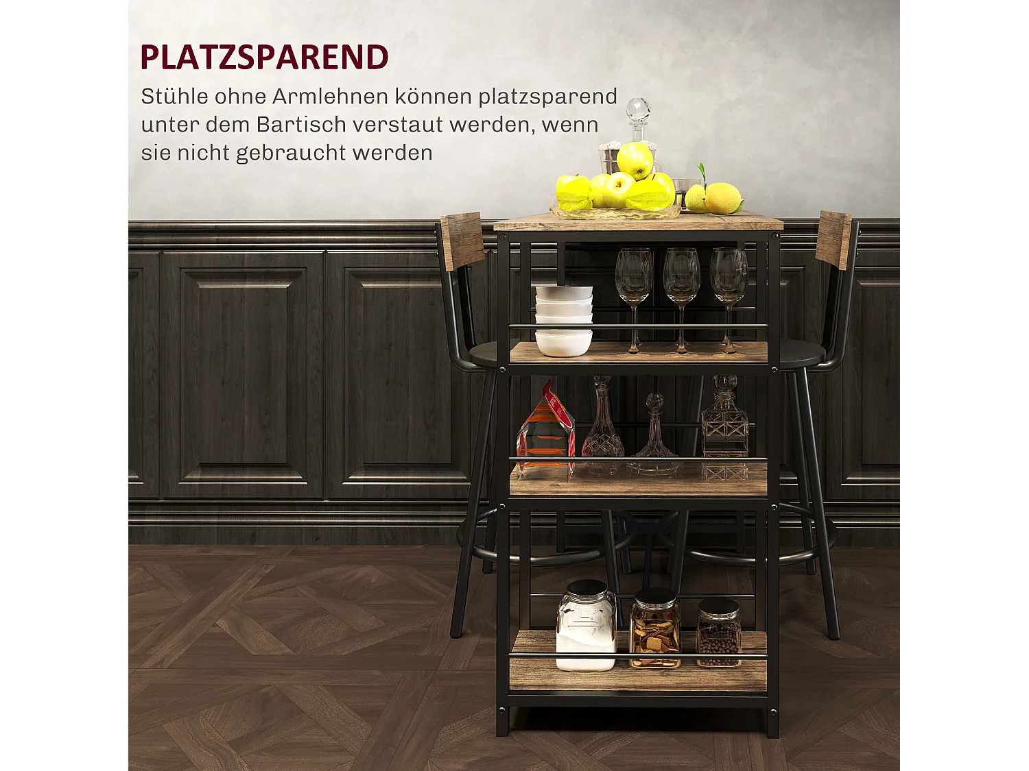 Conjunto de bar de 3 peças com mesa de metal MDF e 2 bancos para cozinha e sala de estar em carvalho