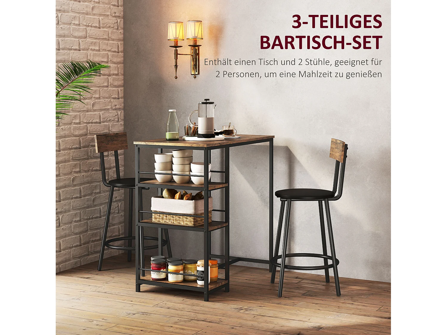 Insieme bar 3 pezzi tavolo MDF métal 2 tabourets cucina salone chêne