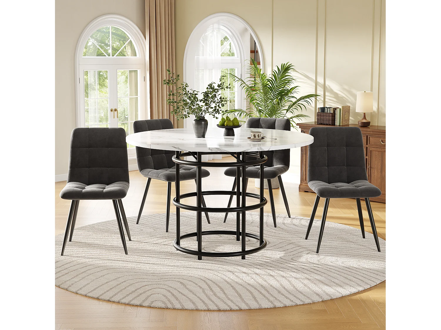 Conjunto de jantar de 5 peças: mesa redonda de MDF de 100 cm + 4 cadeiras de metal de veludo cinza