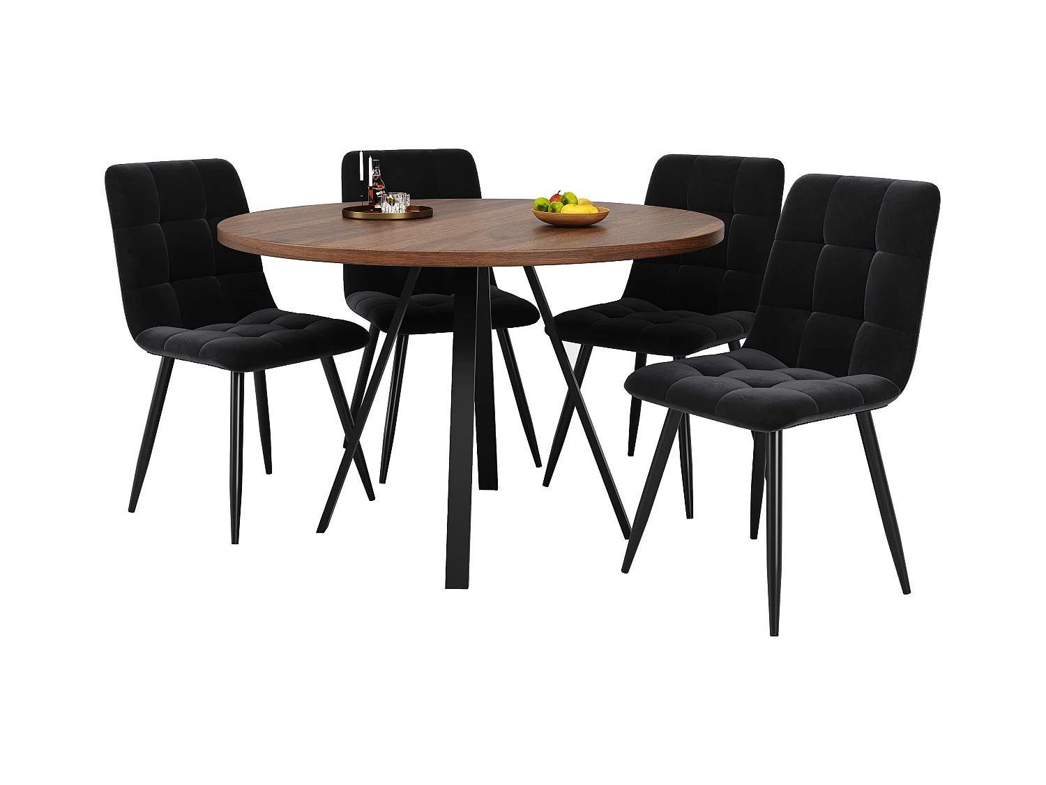 Tavolo completo rotondo 80 cm MDF metallo 4 sedie velluto nero salle à manger nussbaum