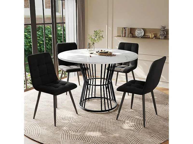 Conjunto de mesa redonda 100cm MDF metal 4 cadeiras veludo preto sala jantar moderna