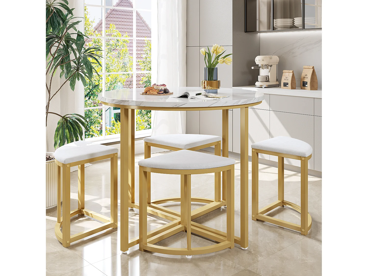 Conjunto de mesa redonda de 4 peças 80 cm MDF branco + 4 cadeiras de veludo branco com pés de metal dourado