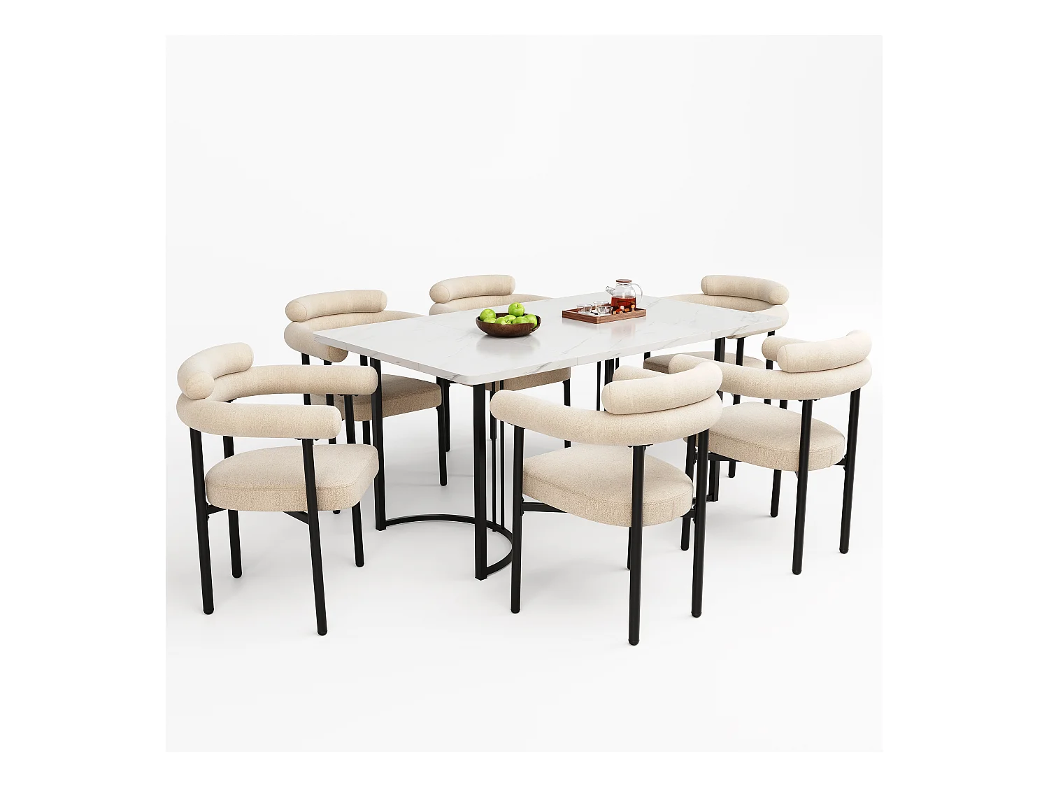 Conjunto mesa metal 140x80 cm + 6 sillas terciopelo crema comedor moderno