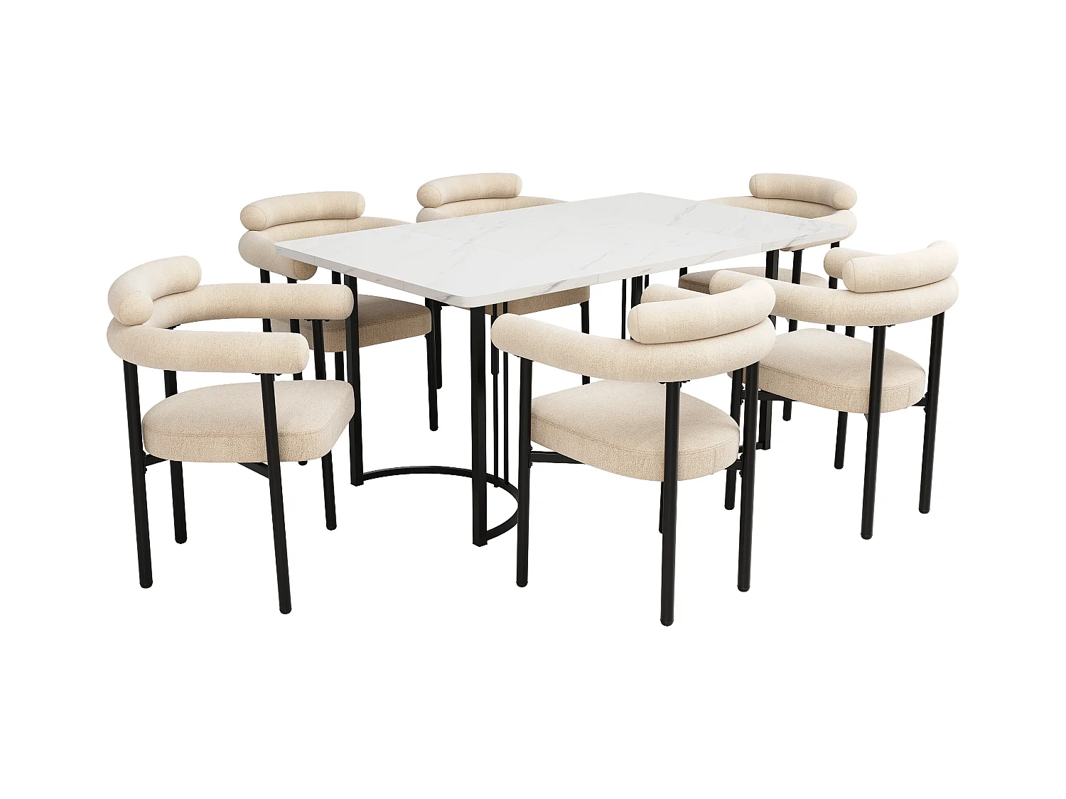 Conjunto mesa metal 140x80 cm + 6 sillas terciopelo crema comedor moderno