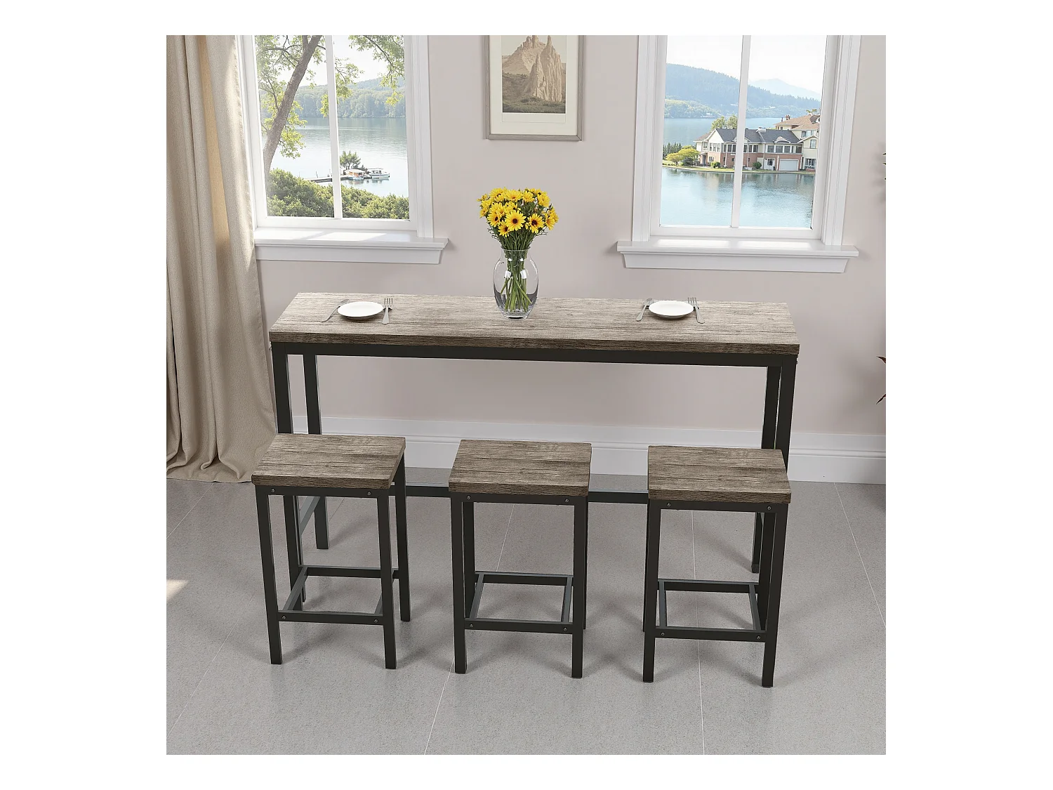 Conjunto de mesa de bar de 4 piezas MDF metal cocina comedor 148x40x90 cm marrón gris