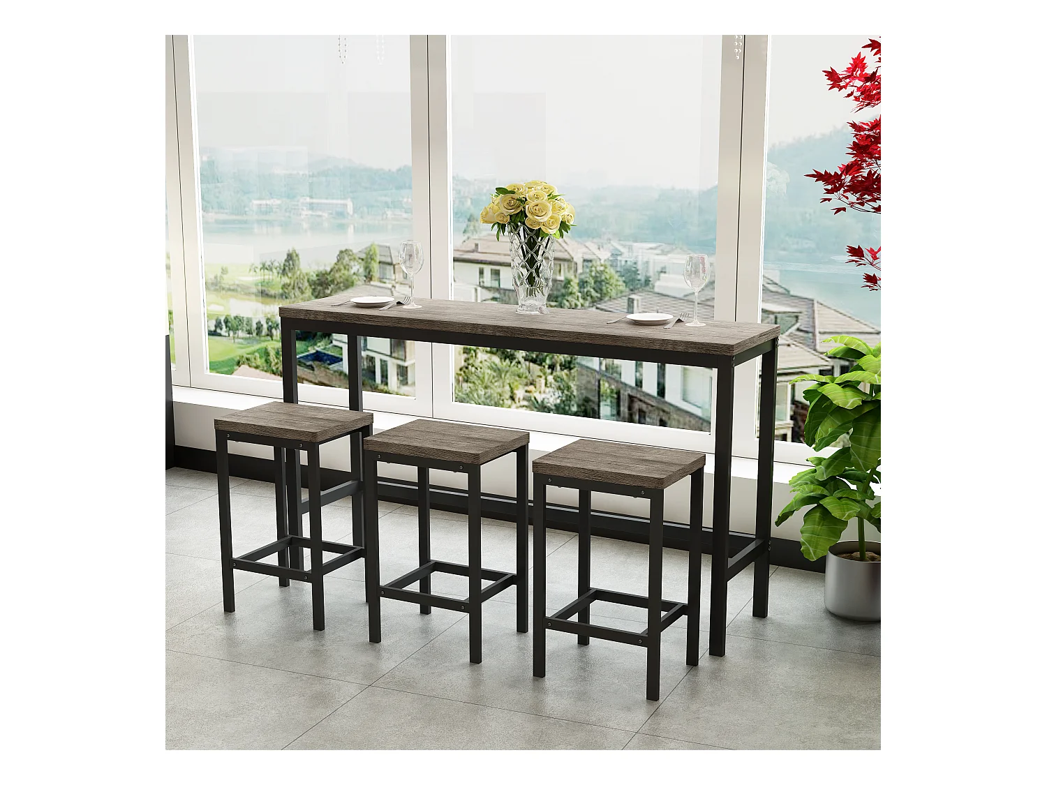 Conjunto de mesa de bar de 4 piezas MDF metal cocina comedor 148x40x90 cm marrón gris