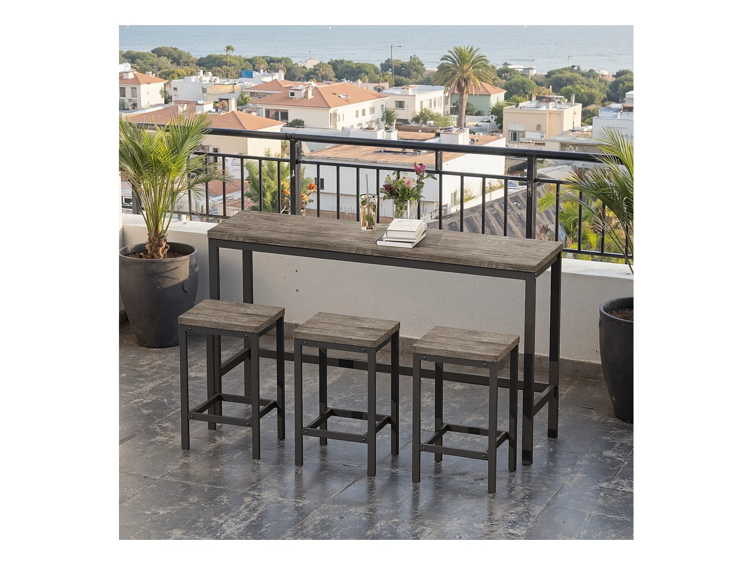 Conjunto de mesa de bar de 4 piezas MDF metal cocina comedor 148x40x90 cm marrón gris