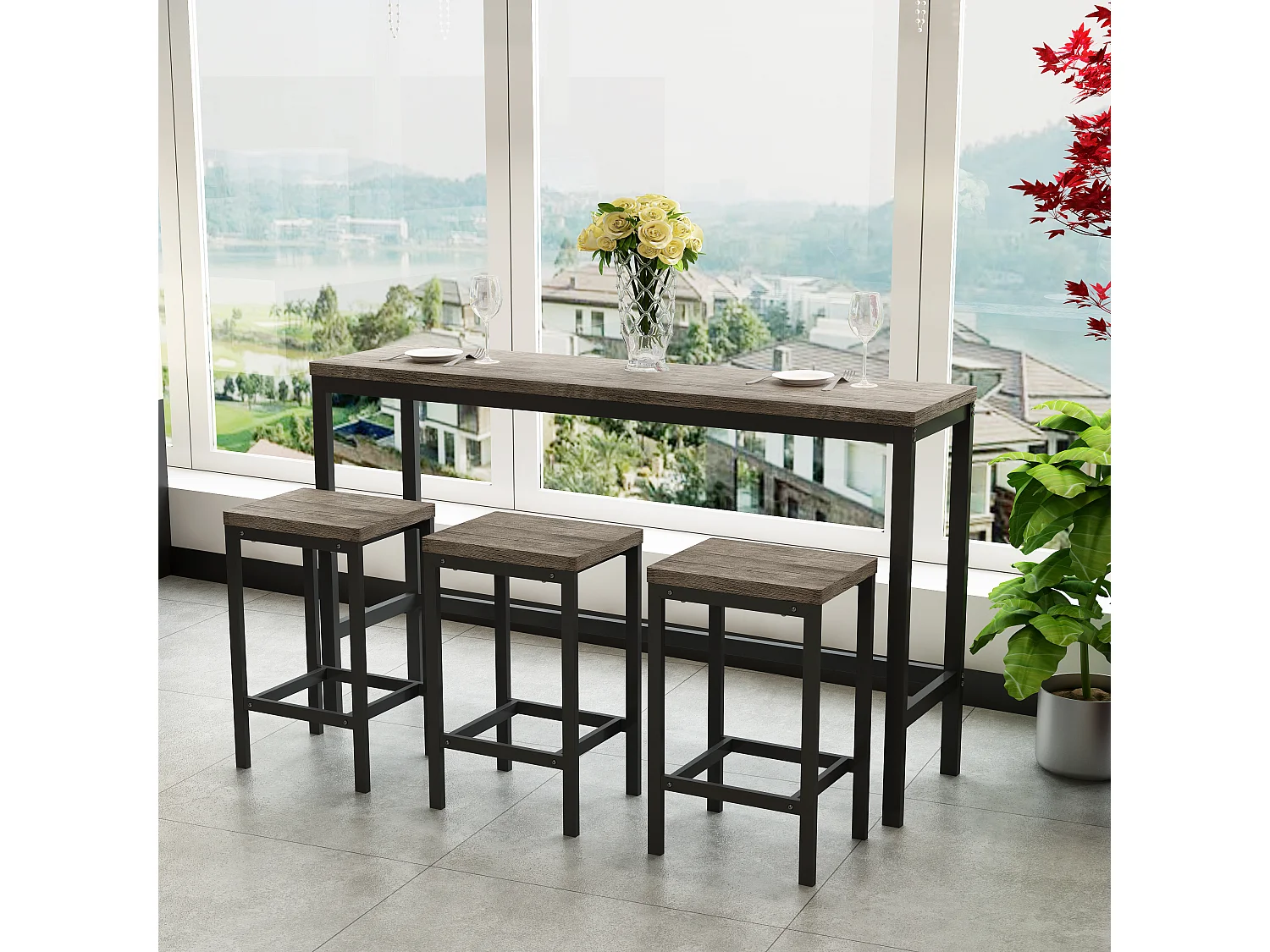 Insieme tavolo bar 4 pezzi MDF metallo cucina salle à manger 148x40x90 cm brun gris