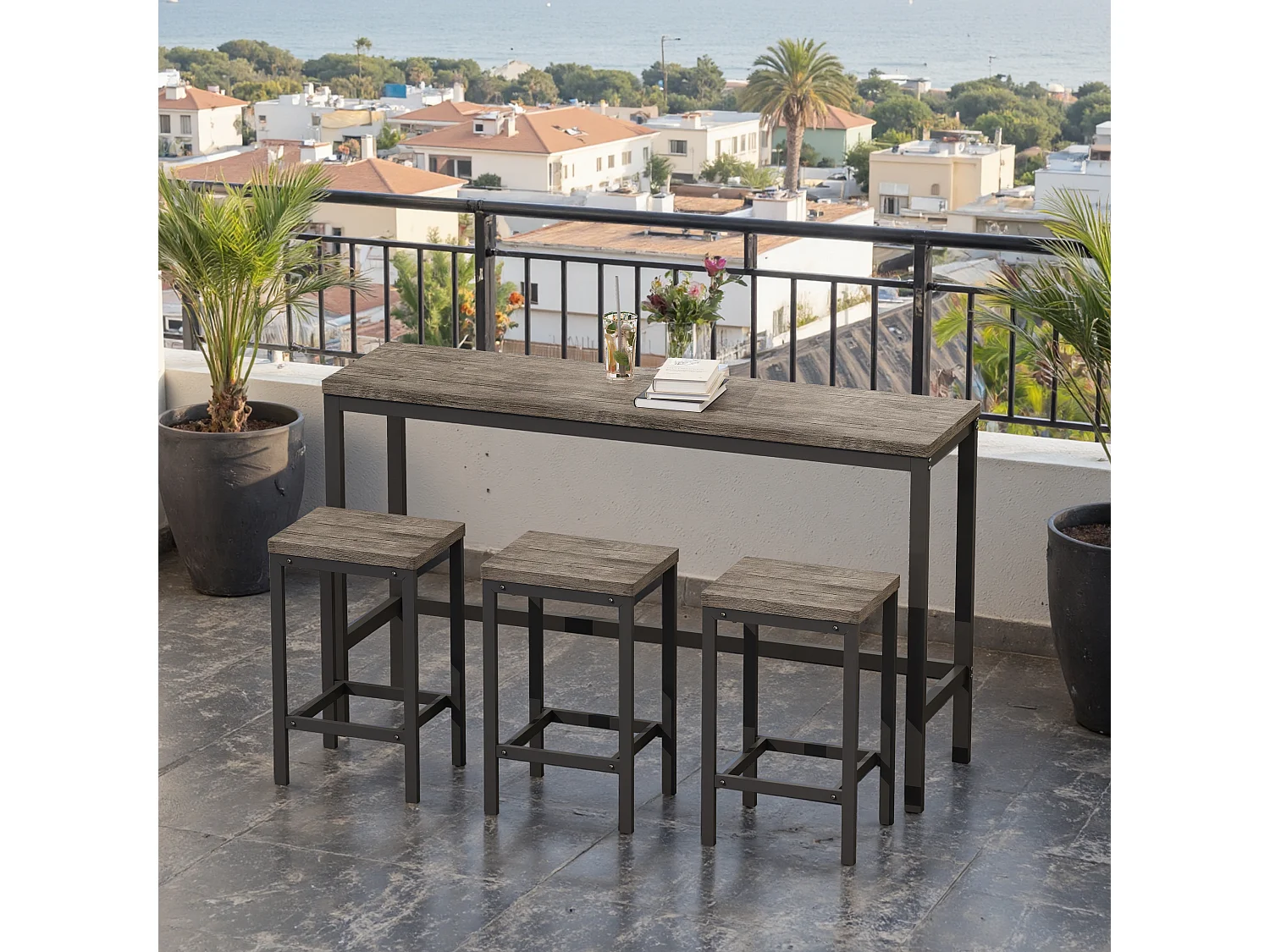 Insieme tavolo bar 4 pezzi MDF metallo cucina salle à manger 148x40x90 cm brun gris