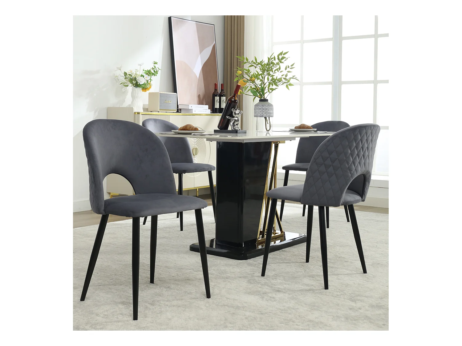 Cadeira de jantar em veludo cinza com encosto em padrão diamante, pernas de metal ajustáveis, design moderno, 47x44x84 cm, conjunto de 4