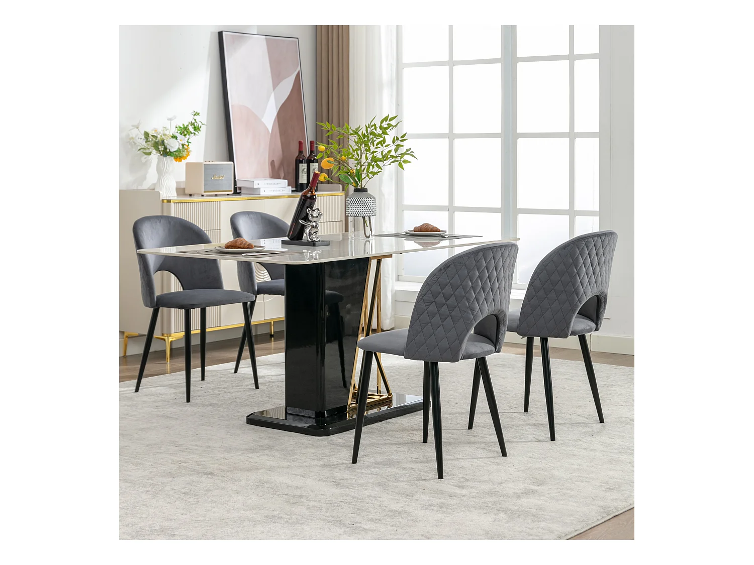 Cadeira de jantar em veludo cinza com encosto em padrão diamante, pernas de metal ajustáveis, design moderno, 47x44x84 cm, conjunto de 4