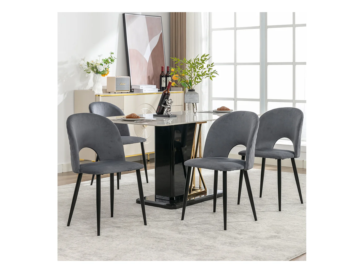 Cadeira de jantar em veludo cinza com encosto em padrão diamante, pernas de metal ajustáveis, design moderno, 47x44x84 cm, conjunto de 4