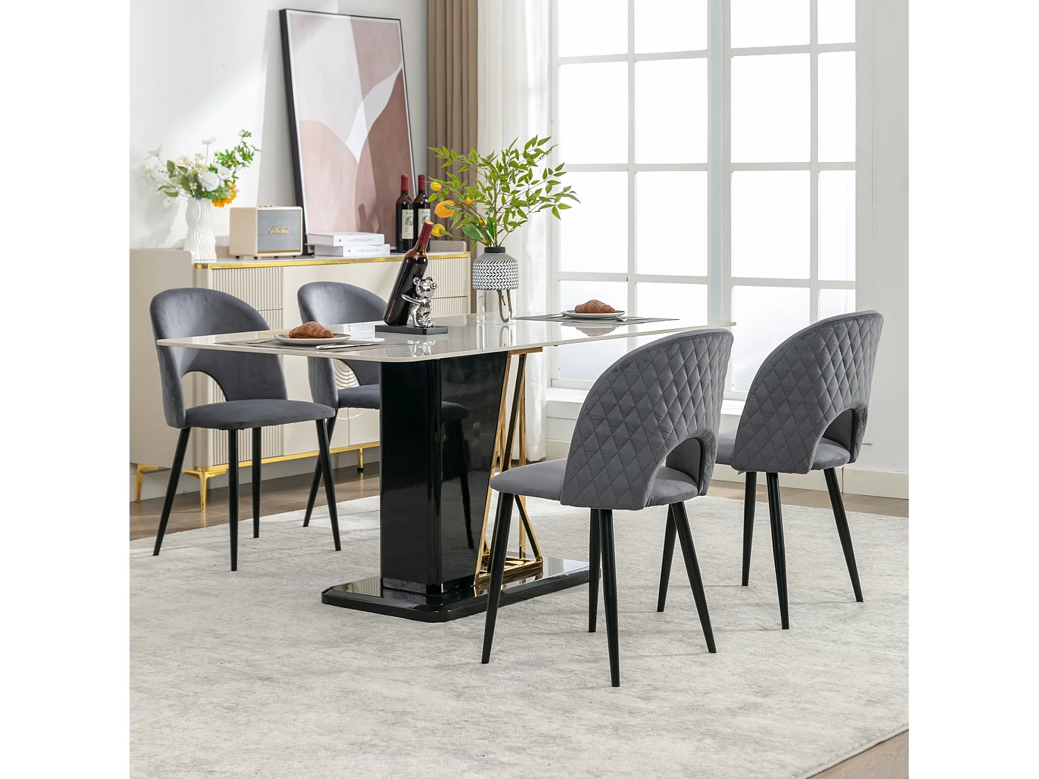 Chaise salle à manger velluto grigio dossier con motivo diamante pieds réglables metallo design moderno 47x44x84 cm lotto di 4