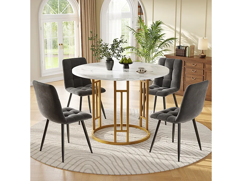 Ensemble salle à manger 5 pezzi tavolo rotondo MDF marmo 80 cm pieds métal o chaises velours gris