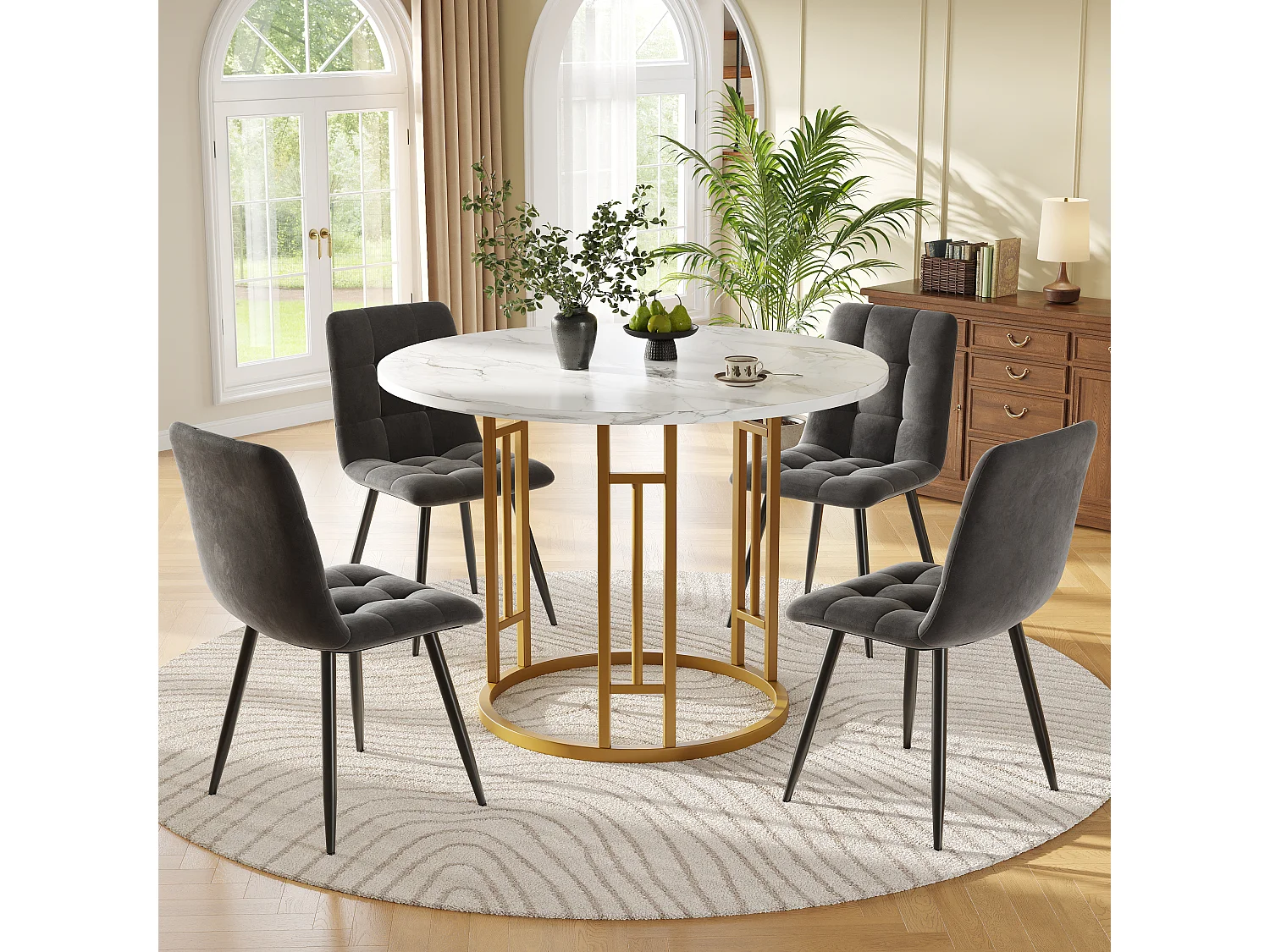Conjunto de comedor de 5 piezas, mesa redonda de mármol MDF de 80 cm, patas de metal dorado, sillas de terciopelo gris
