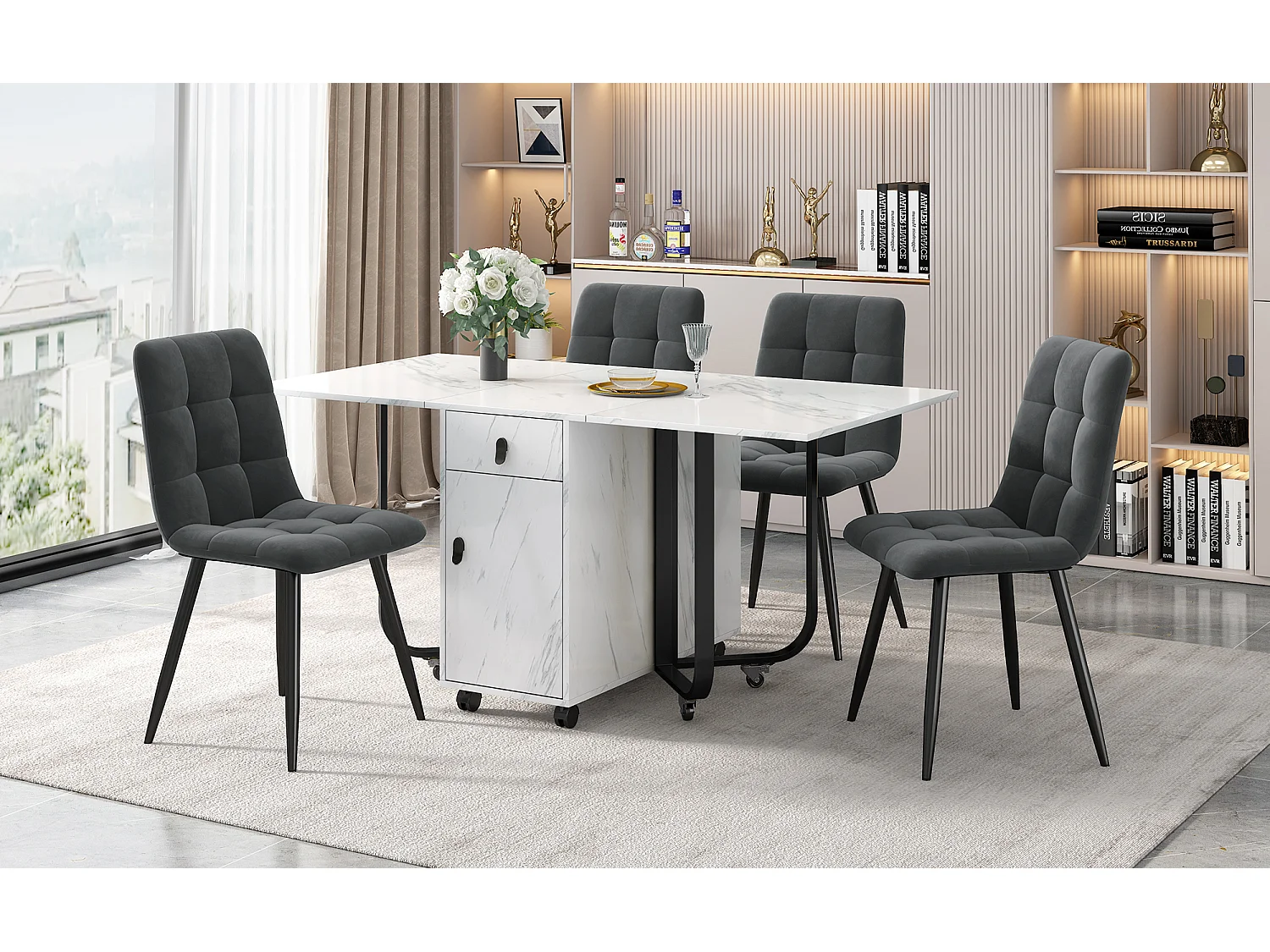 Conjunto de mesa dobrável em MDF 150×80 cm + 4 cadeiras em veludo cinza escuro