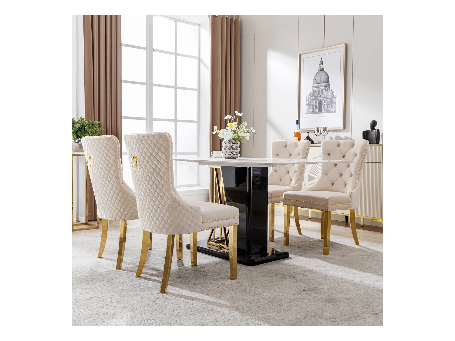 Silla de comedor de terciopelo beige con patas de acero inoxidable dorado, diseño original, cocina salón, 50x45x95 cm, juego de 4