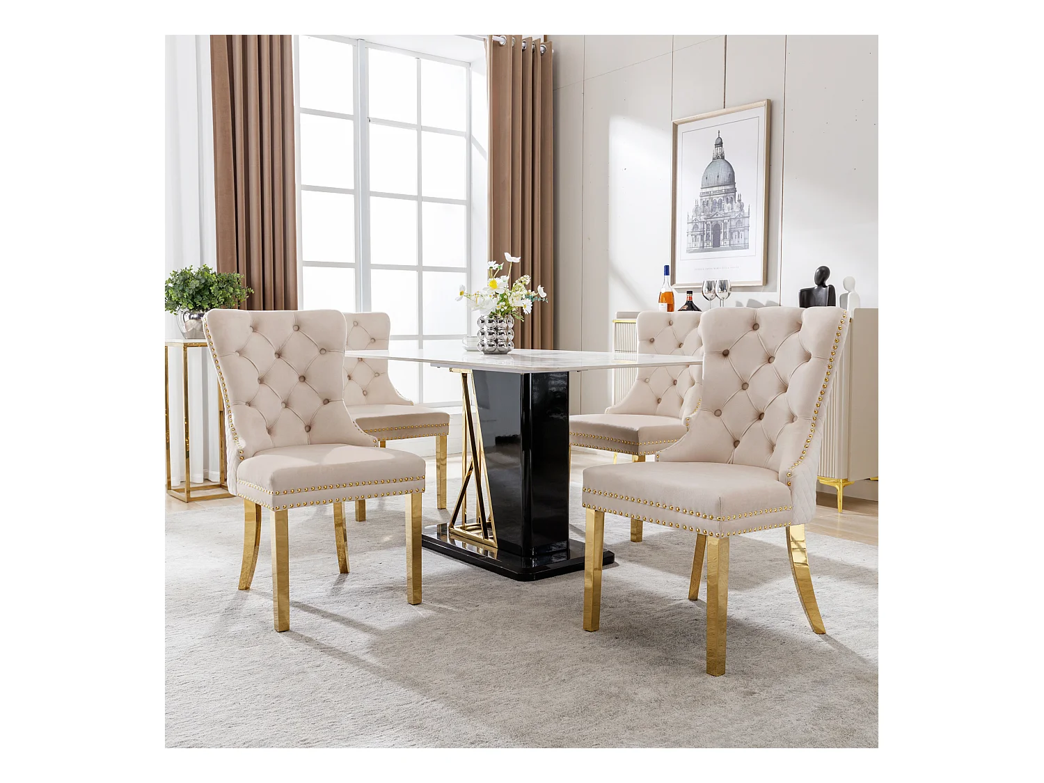 Silla de comedor de terciopelo beige con patas de acero inoxidable dorado, diseño original, cocina salón, 50x45x95 cm, juego de 4