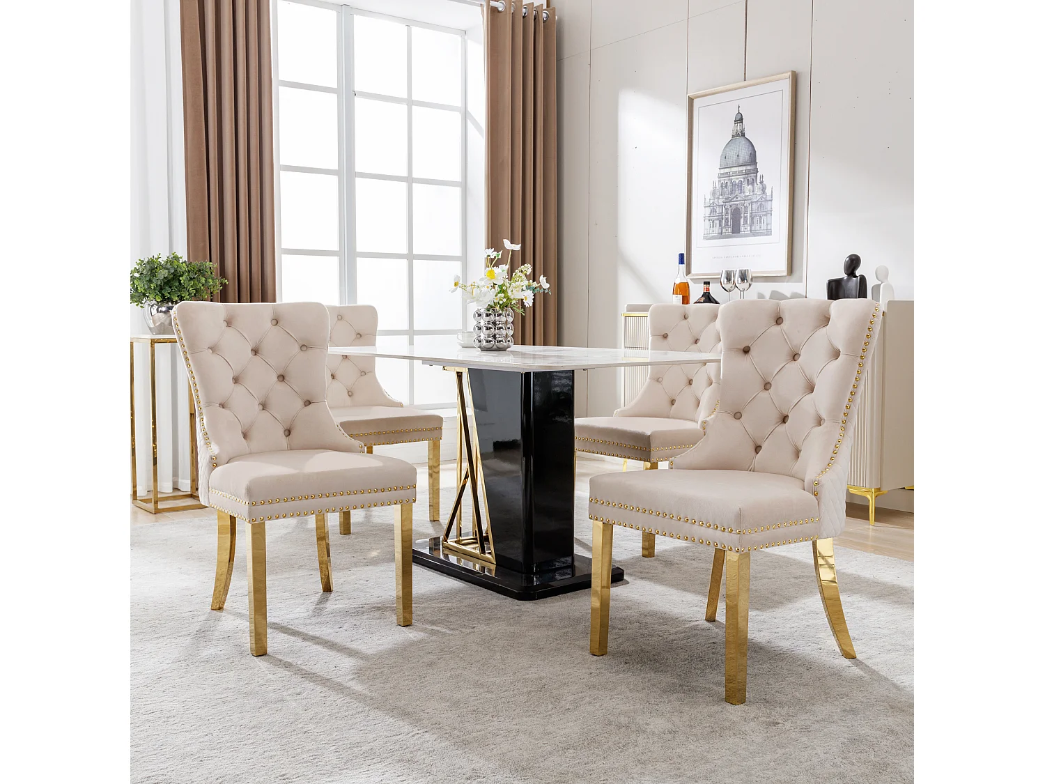 Chaise salle à manger velluto beige pieds inox doré design originale cucina salone 50x45x95 cm lotto de 4