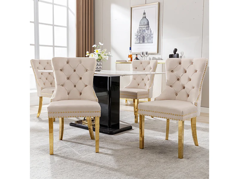 Chaise salle à manger velluto beige pieds inox doré design originale cucina salone 50x45x95 cm lotto de 4
