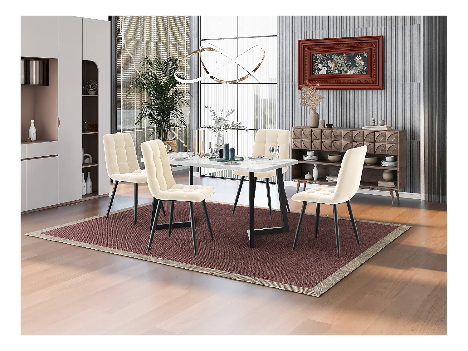 Cadeira de jantar em veludo bege com metal, design ergonômico, confortável, conjunto de 4