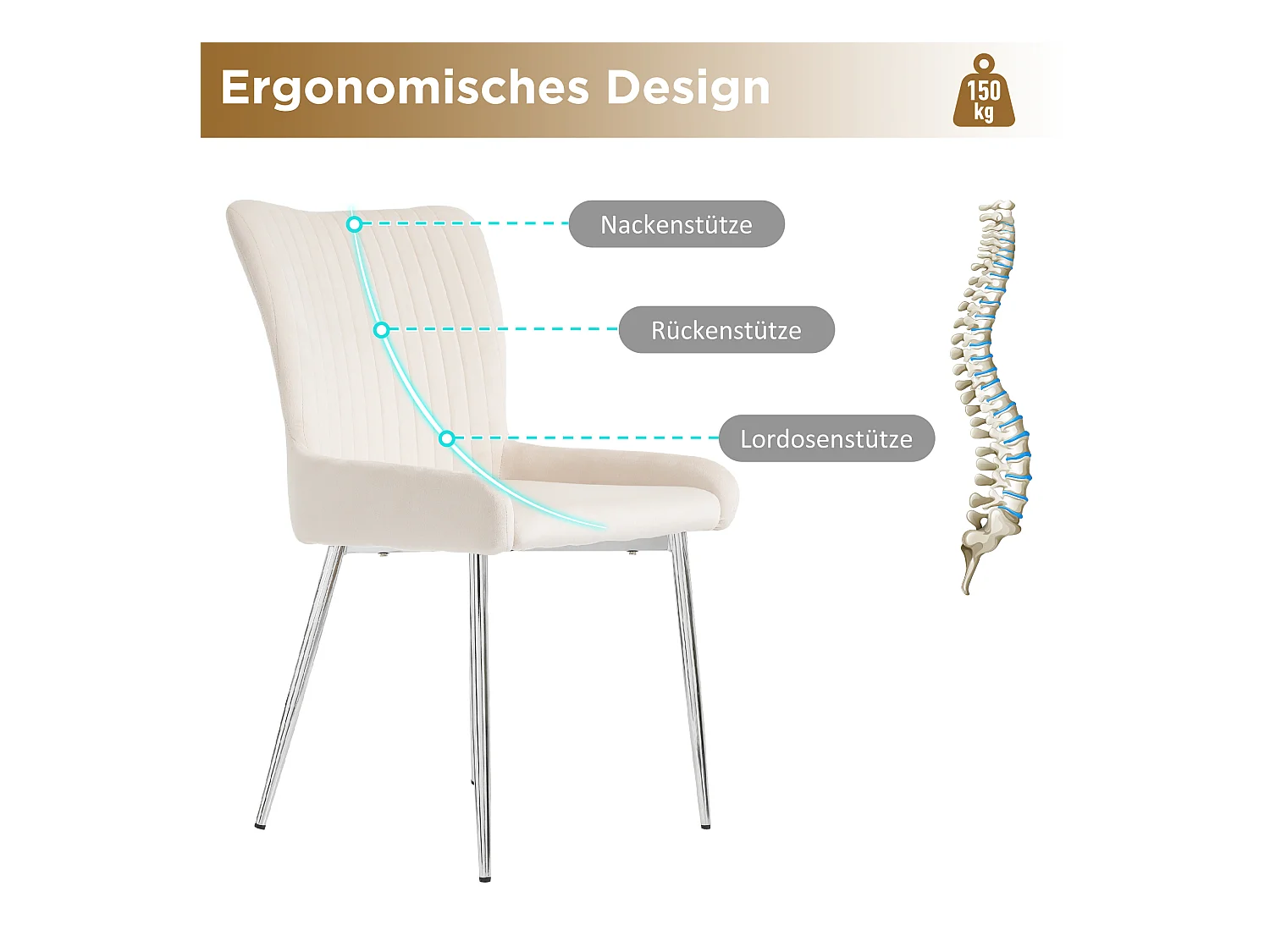 Chaise salle à manger velluto beige pieds métal argenté soutien lombaire salon chambre lot de 4