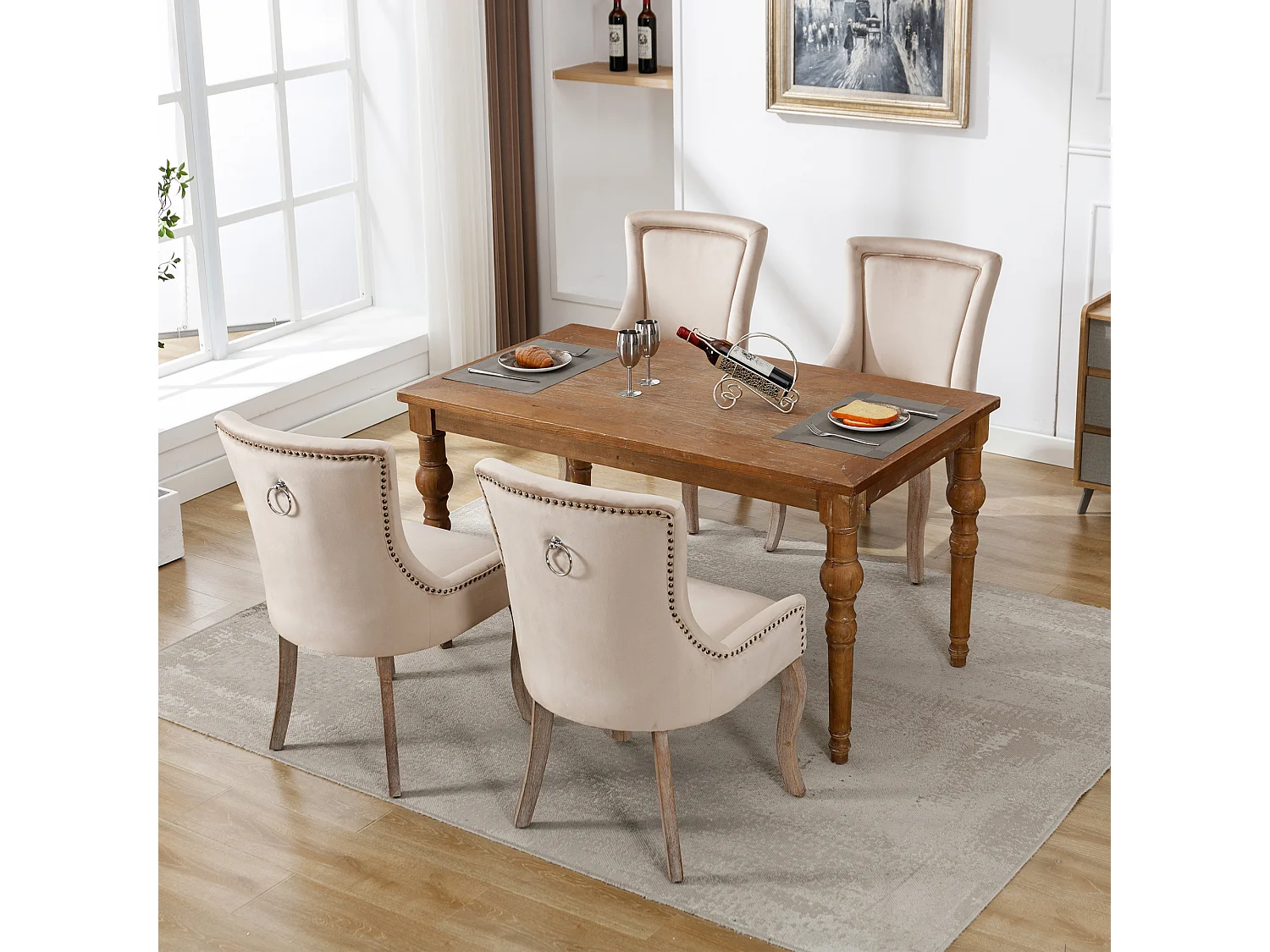 Cadeira de jantar de veludo com pernas de madeira maciça, design elegante e confortável, bege, para cozinha e sala de estar, conjunto com 4