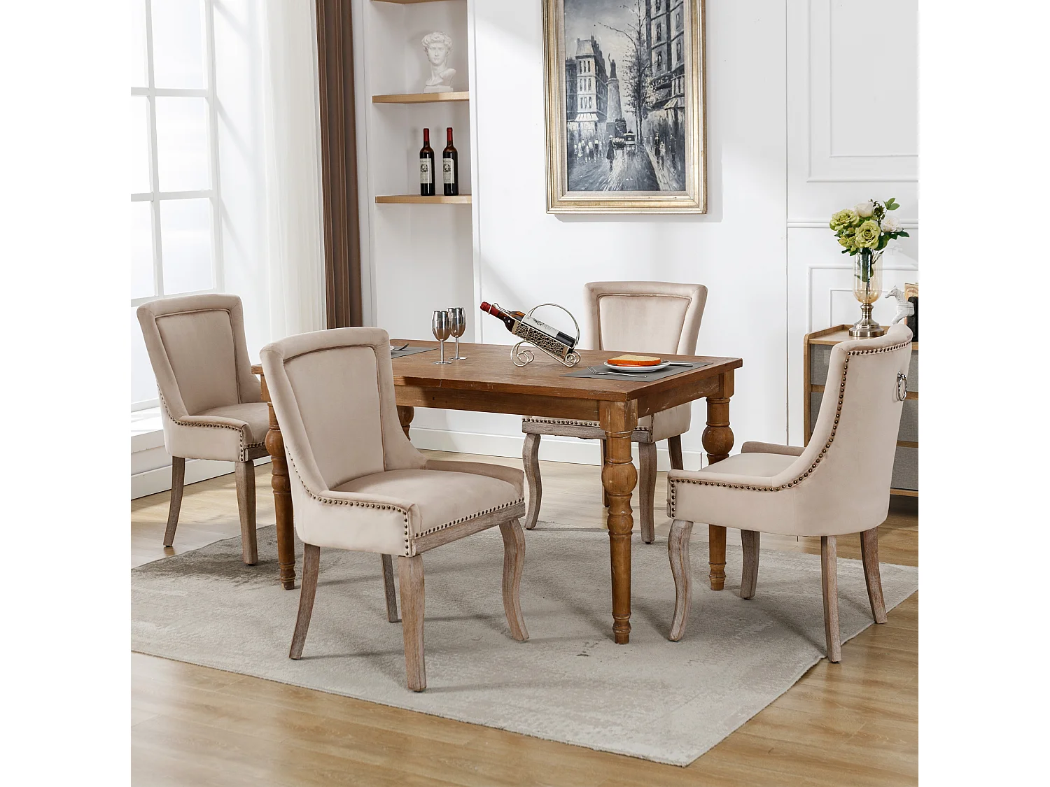 Cadeira de jantar de veludo com pernas de madeira maciça, design elegante e confortável, bege, para cozinha e sala de estar, conjunto com 4