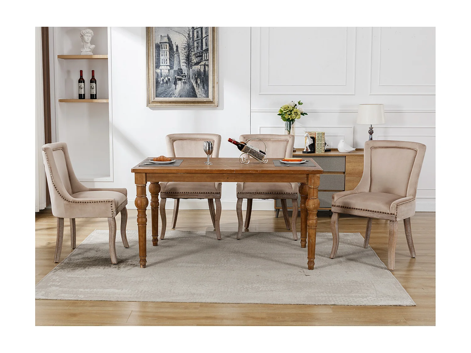 Cadeira de jantar de veludo com pernas de madeira maciça, design elegante e confortável, bege, para cozinha e sala de estar, conjunto com 4