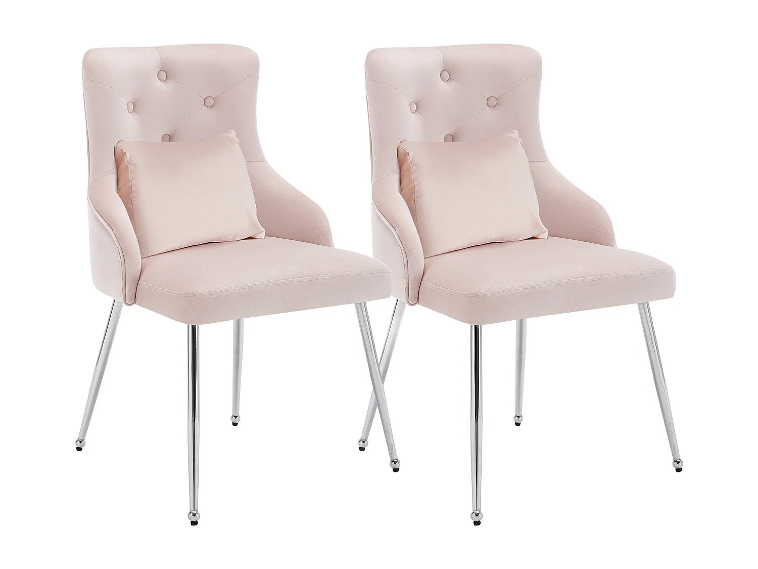Poltrona de jantar em veludo rosa com almofada lombar e conforto moderno, pernas de metal, conjunto de 2